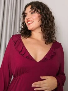 Plus Flounce Sleeve Ruffle Trim Night Dress - Burgundy - View 6