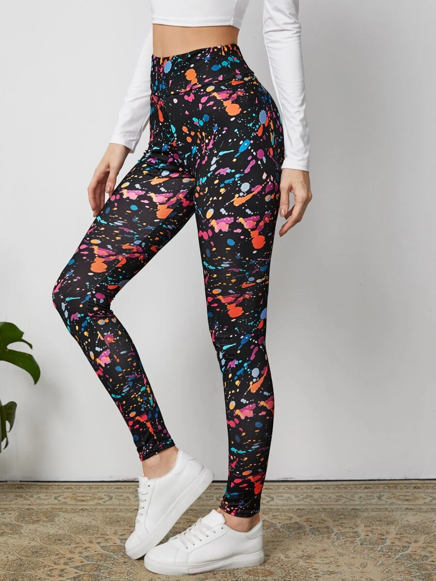 SHEIN LUNE Splash Ink Wide Band Waist Leggings - Multicolor - View 1