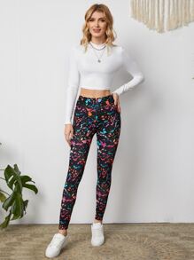 SHEIN LUNE Splash Ink Wide Band Waist Leggings - Multicolor - View 3