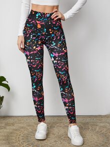 SHEIN LUNE Splash Ink Wide Band Waist Leggings - Multicolor - View 5