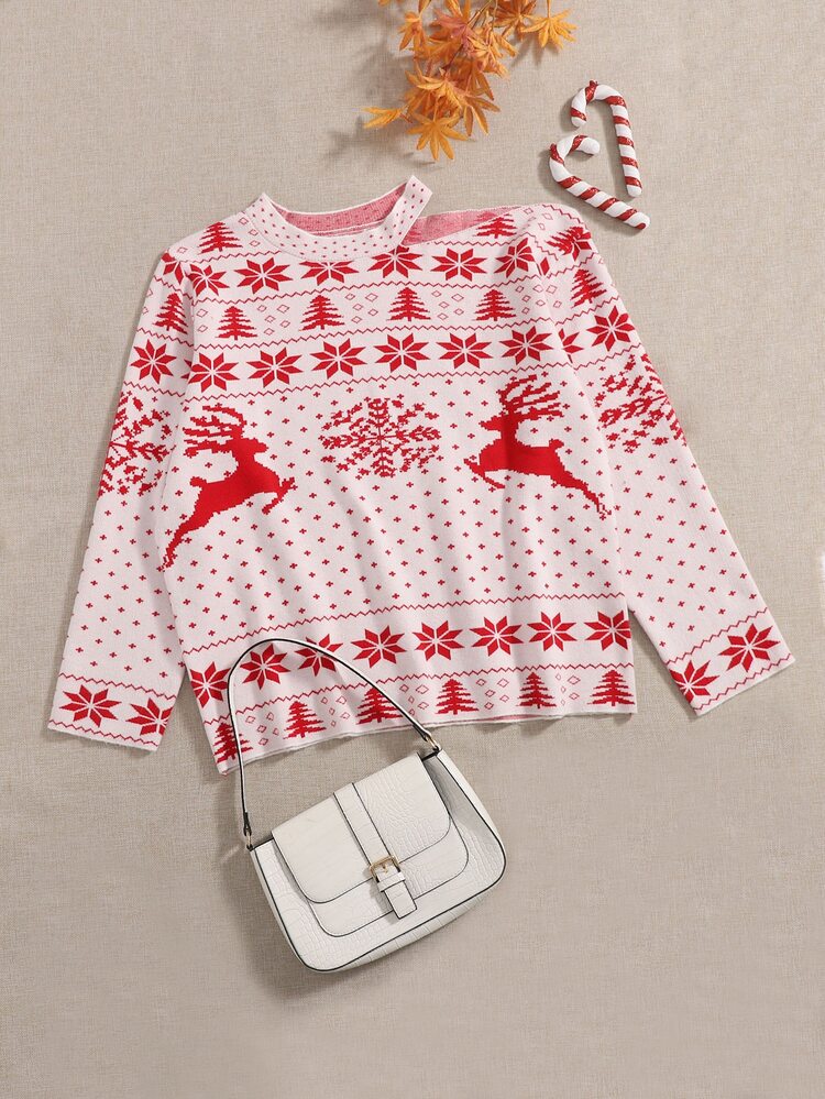 Plus Asymmetrical Neck Christmas Sweater