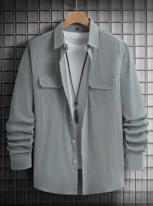 Manfinity Homme 男士1入組翻蓋口袋前排扣襯衫 - 灰色 - 查看 1