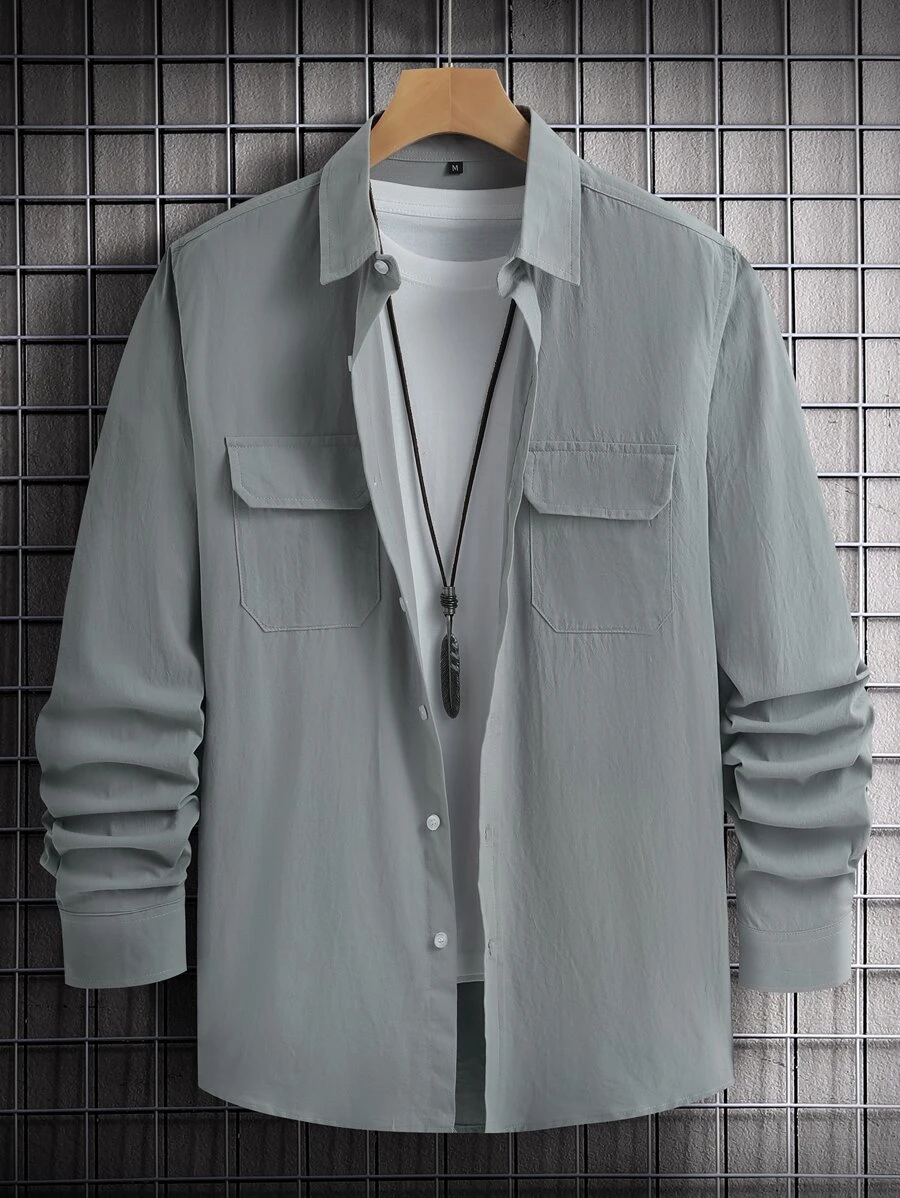 Manfinity Homme 男士1入組翻蓋口袋前排扣襯衫 - 灰色 - 查看 1