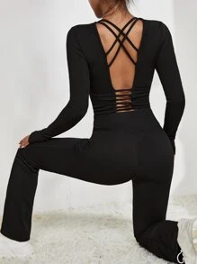 Easithlete Bộ đồ tập yoga mềm mại 2 món Áo thun Criss Cross có lỗ xỏ ngón cái & lỗ xỏ ngón cái & quần ống loe Bộ quà tặng tập luyện cho nữ - màu đen - Xem 1