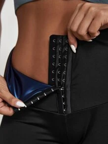 Yoga Basic 透氣柔軟鉤眼扣寬腰帶運動打底褲 - 黑色 - 查看 3