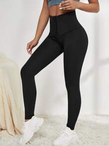 Yoga Basic 透氣柔軟鉤眼扣寬腰帶運動打底褲 - 黑色 - 查看 1