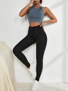 Yoga Basic 透氣柔軟鉤眼扣寬腰帶運動打底褲 - 黑色 - 查看 4