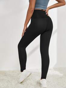 Yoga Basic 透氣柔軟鉤眼扣寬腰帶運動打底褲 - 黑色 - 查看 2