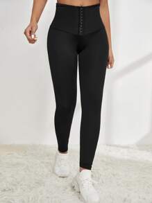 Yoga Basic 透氣柔軟鉤眼扣寬腰帶運動打底褲 - 黑色 - 查看 5