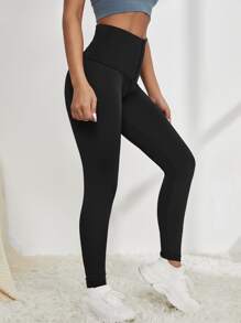 Yoga Basic 透氣柔軟鉤眼扣寬腰帶運動打底褲 - 黑色 - 查看 6