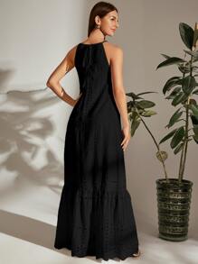 SHEIN Holidaya Tie Back Halterneck Ruffle Hem Schiffy Dress - Black - View 2