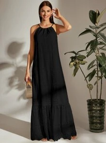 SHEIN Holidaya Tie Back Halterneck Ruffle Hem Schiffy Dress - Black - View 3