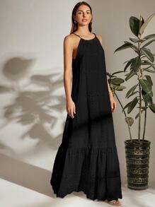 SHEIN Holidaya Tie Back Halterneck Ruffle Hem Schiffy Dress - Black - View 4