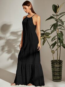 SHEIN Holidaya Tie Back Halterneck Ruffle Hem Schiffy Dress - Black - View 5