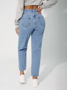 SHEIN PETITE 高腰標語圖案牛仔褲 - 淺色水洗藍 - 查看 2