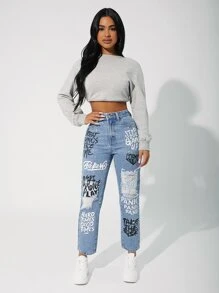 SHEIN PETITE 高腰標語圖案牛仔褲 - 淺色水洗藍 - 查看 4