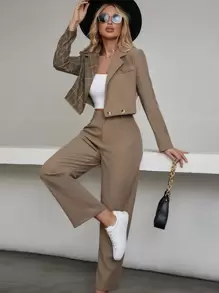 EMERY ROSE 拼接格紋西裝領西裝外套和長褲