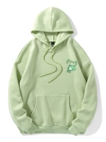SHEIN Qutie Letter & Frog Print Kangaroo Pocket Drawstring Thermal Hoodie - Lime Green - View 1
