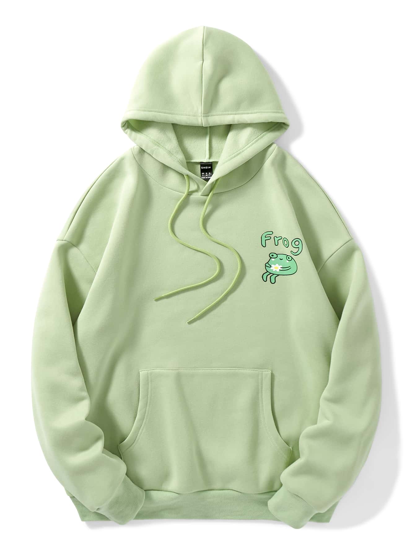 SHEIN Qutie Letter & Frog Print Kangaroo Pocket Drawstring Thermal Hoodie - Lime Green - View 1