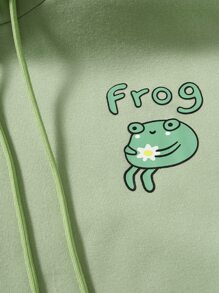 SHEIN Qutie Letter & Frog Print Kangaroo Pocket Drawstring Thermal Hoodie - Lime Green - View 5