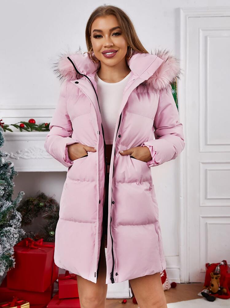 SHEIN ファー付きフード付き中綿入りコート ダブルポケット | SHEIN JAPAN