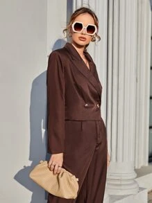 SHEIN Privé 雙排釦西裝領西裝外套 - 咖啡棕 - 查看 3