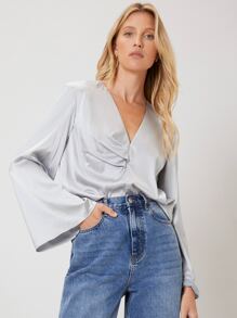 SHEIN Unity Acetate Bell Sleeve Top - Grey - View 1