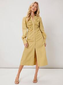 SHEIN VCAY Vestido camisero fruncido - Amarillo - Ver 1