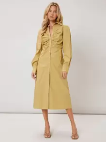 SHEIN VCAY Vestido camisero fruncido - Amarillo - Ver 3