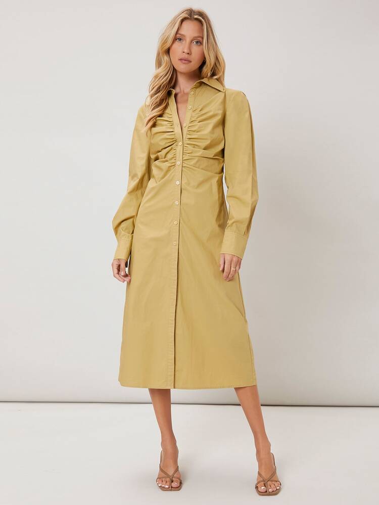 SHEIN VCAY Vestido camisero fruncido - Amarillo - Añade 3