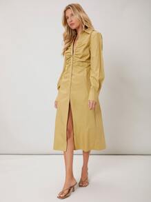 SHEIN VCAY Vestido camisero fruncido - Amarillo - Ver 4