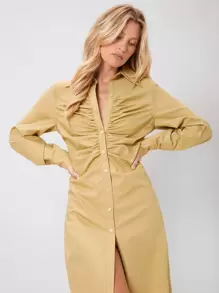 SHEIN VCAY Vestido camisero fruncido - Amarillo - Ver 5