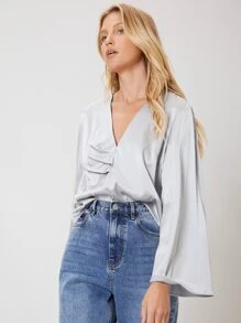 SHEIN Unity Acetate Bell Sleeve Top - Grey - View 6