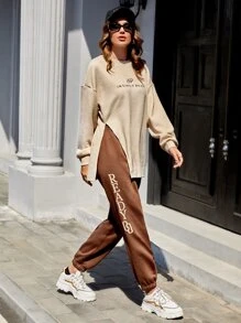 Mulvari Letter Embroidery Drop Shoulder Split Hem Top & Joggers - Multicolor - View 1