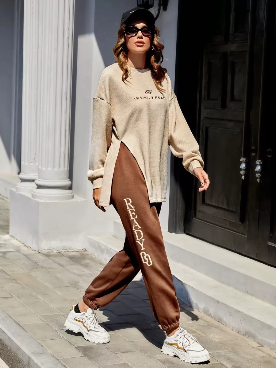 Mulvari Letter Embroidery Drop Shoulder Split Hem Top & Joggers - Multicolor - View 1