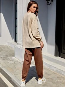 Mulvari Letter Embroidery Drop Shoulder Split Hem Top & Joggers - Multicolor - View 2