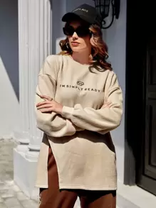 Mulvari Letter Embroidery Drop Shoulder Split Hem Top & Joggers - Multicolor - View 3