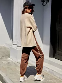 Mulvari Letter Embroidery Drop Shoulder Split Hem Top & Joggers - Multicolor - View 5