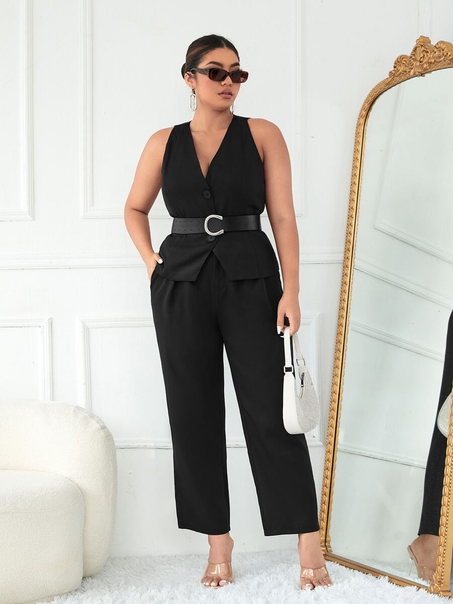 Plus Button Front Vest Blazer & Pants Without Belt - Black - View 1