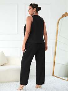 Plus Button Front Vest Blazer & Trousers Without Belt - Black - View 2