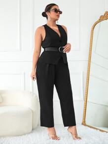 Plus Button Front Vest Blazer & Trousers Without Belt - Black - View 3