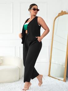 Plus Button Front Vest Blazer & Trousers Without Belt - Black - View 4
