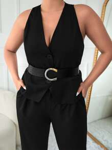 Plus Button Front Vest Blazer & Trousers Without Belt - Black - View 5