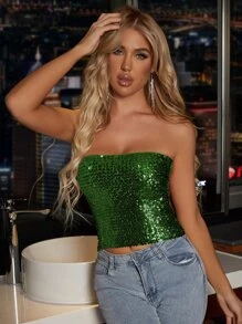 Sequin Embellished Bodycon Camisole Top, Halloween - Green - View 1