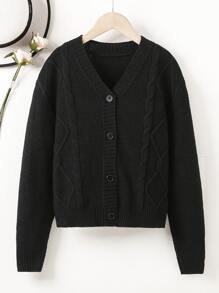 Áo len bé gái Nút phía trước màu trơn Giải trí - màu đen - Xem 1