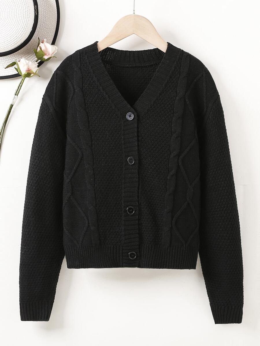 Áo len bé gái Nút phía trước màu trơn Giải trí - màu đen - Xem 1