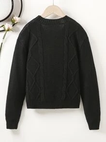 Áo len bé gái Nút phía trước màu trơn Giải trí - màu đen - Xem 2