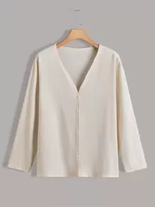 大碼條紋針織前紐扣上衣 - 杏色 - 查看 1