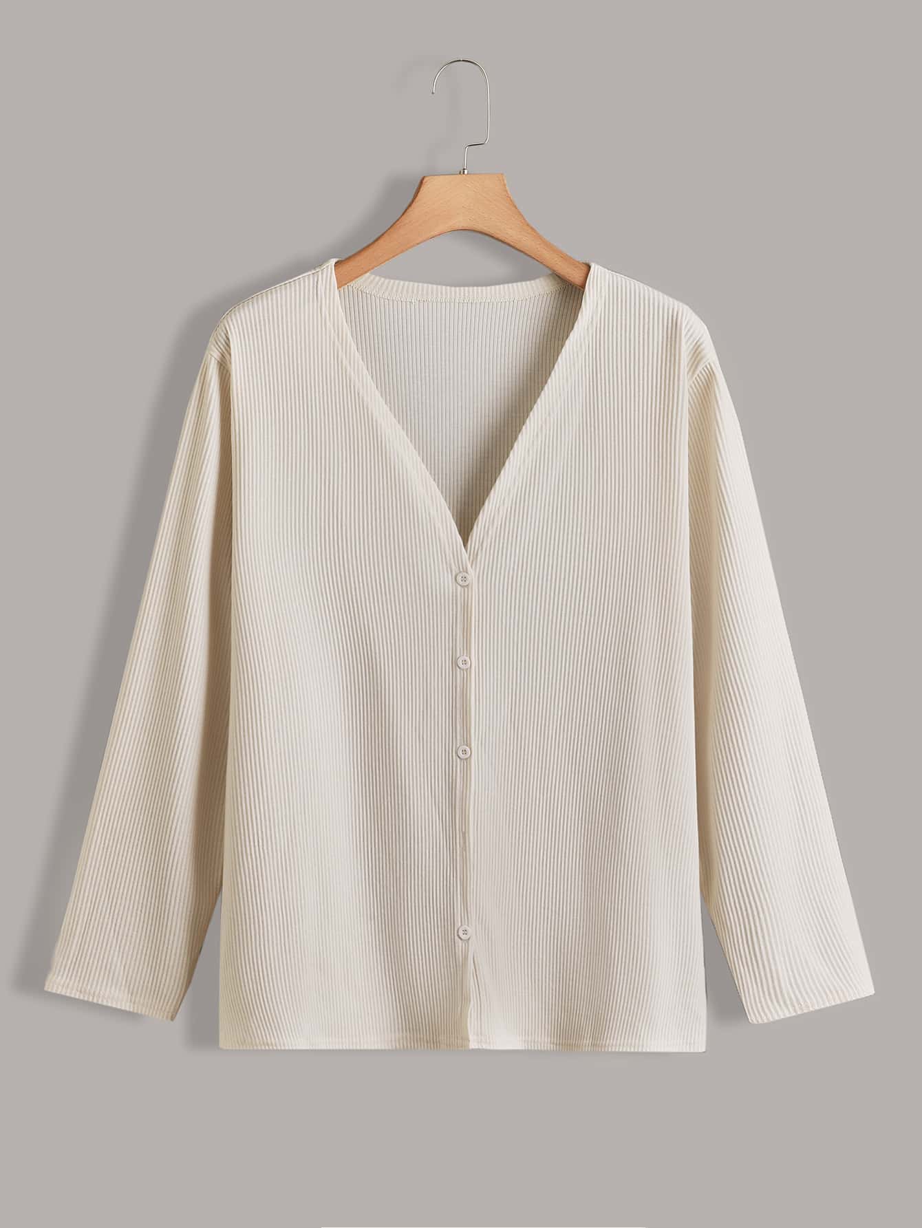 大碼條紋針織前紐扣上衣 - 杏色 - 查看 1