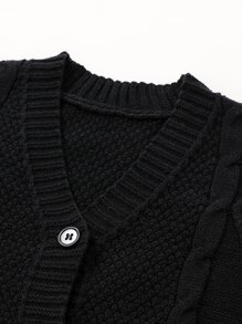Áo len bé gái Nút phía trước màu trơn Giải trí - màu đen - Xem 4